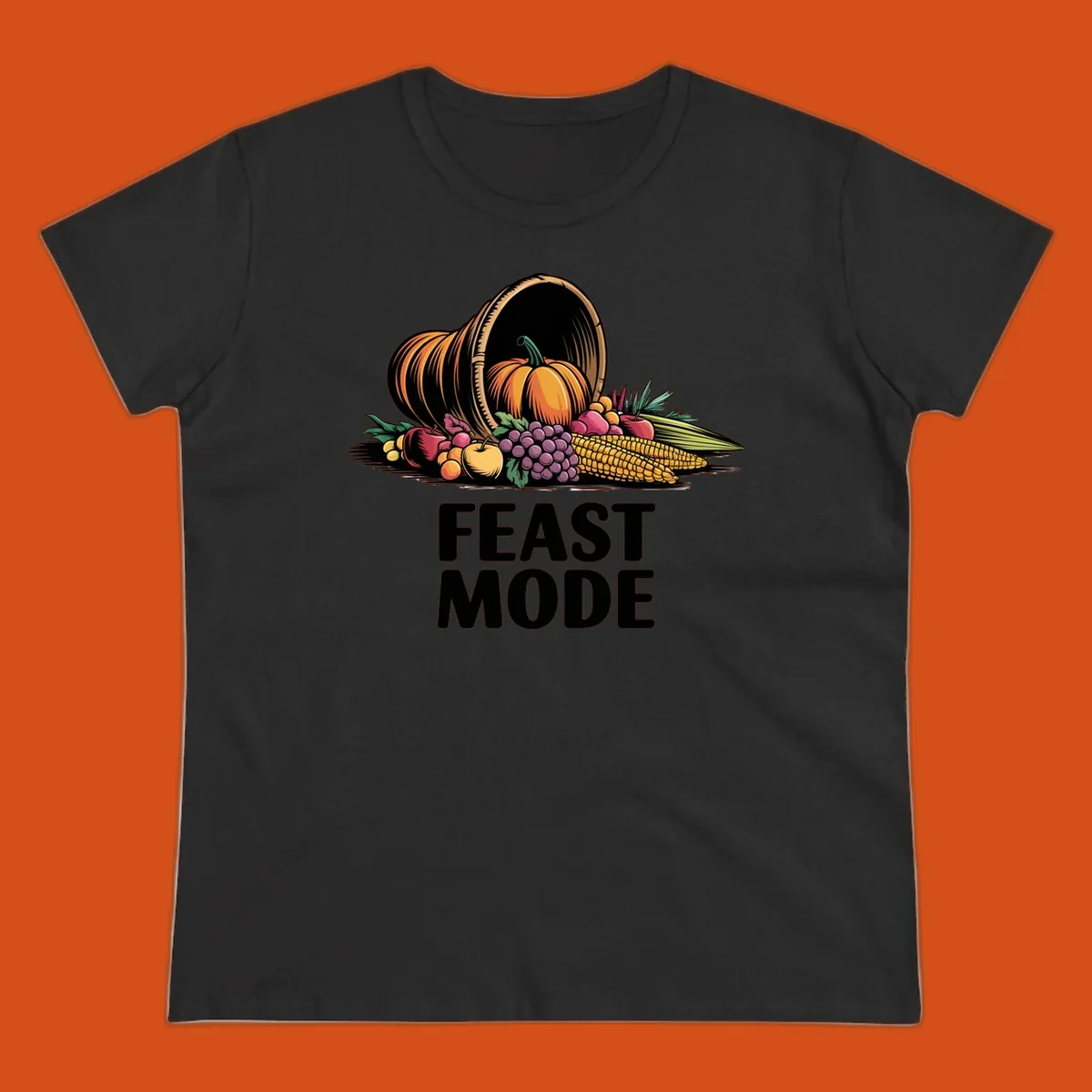 Thanksgiving feast mode cornucopia with fruits and vegetables, text.