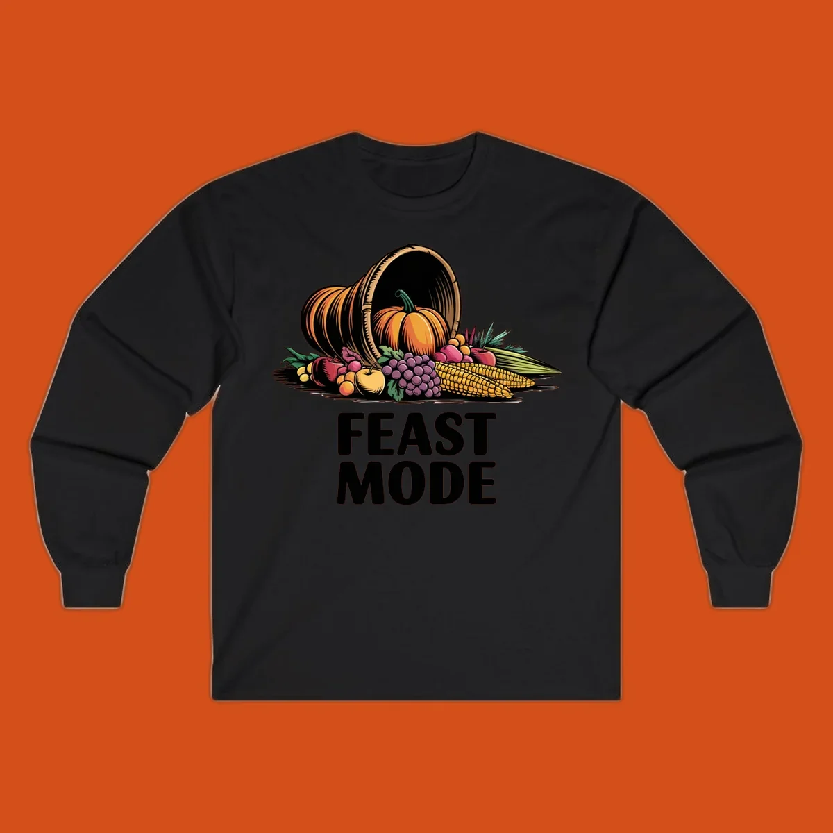 Thanksgiving feast mode cornucopia with fruits and vegetables, text.