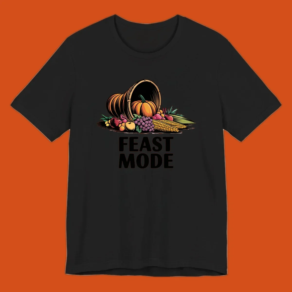 Thanksgiving feast mode cornucopia with fruits and vegetables, text.