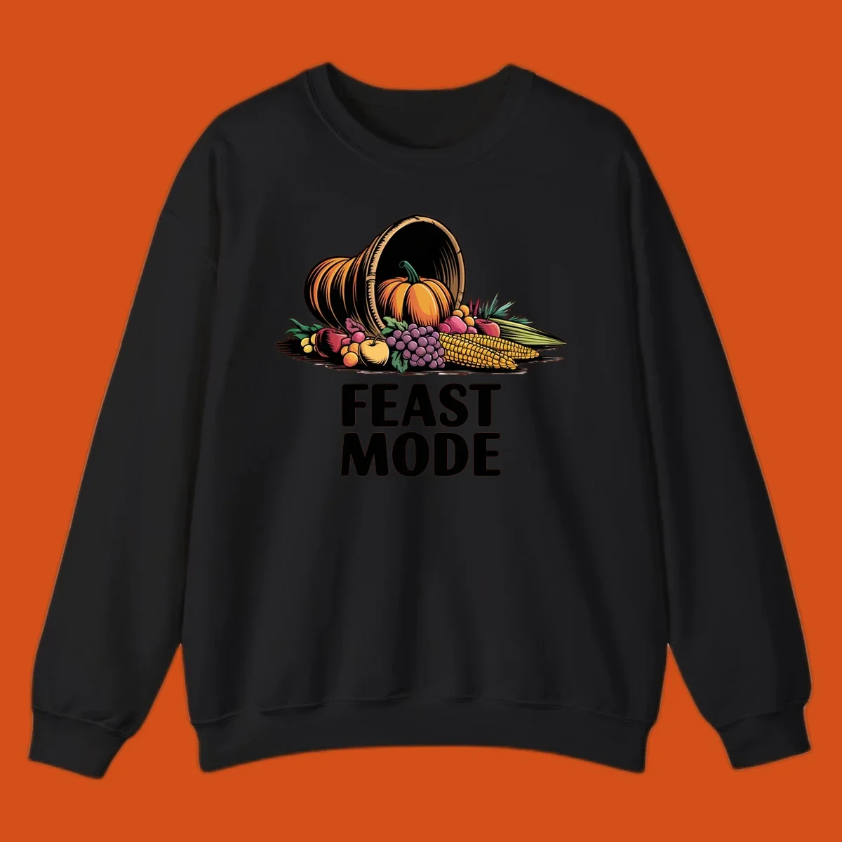 Thanksgiving feast mode cornucopia with fruits and vegetables, text.
