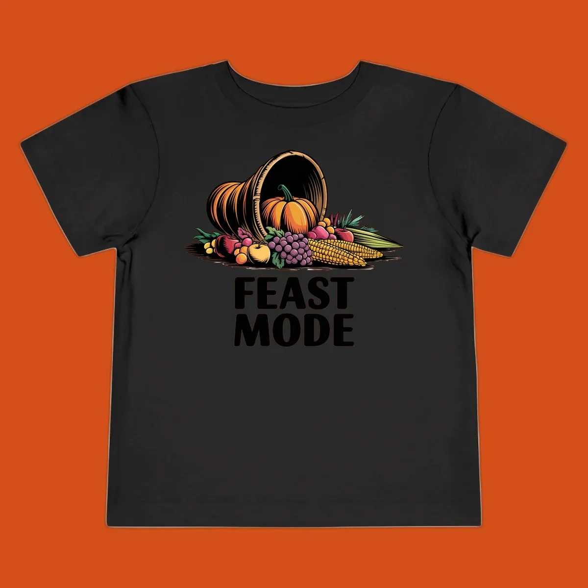 Thanksgiving feast mode cornucopia with fruits and vegetables, text.