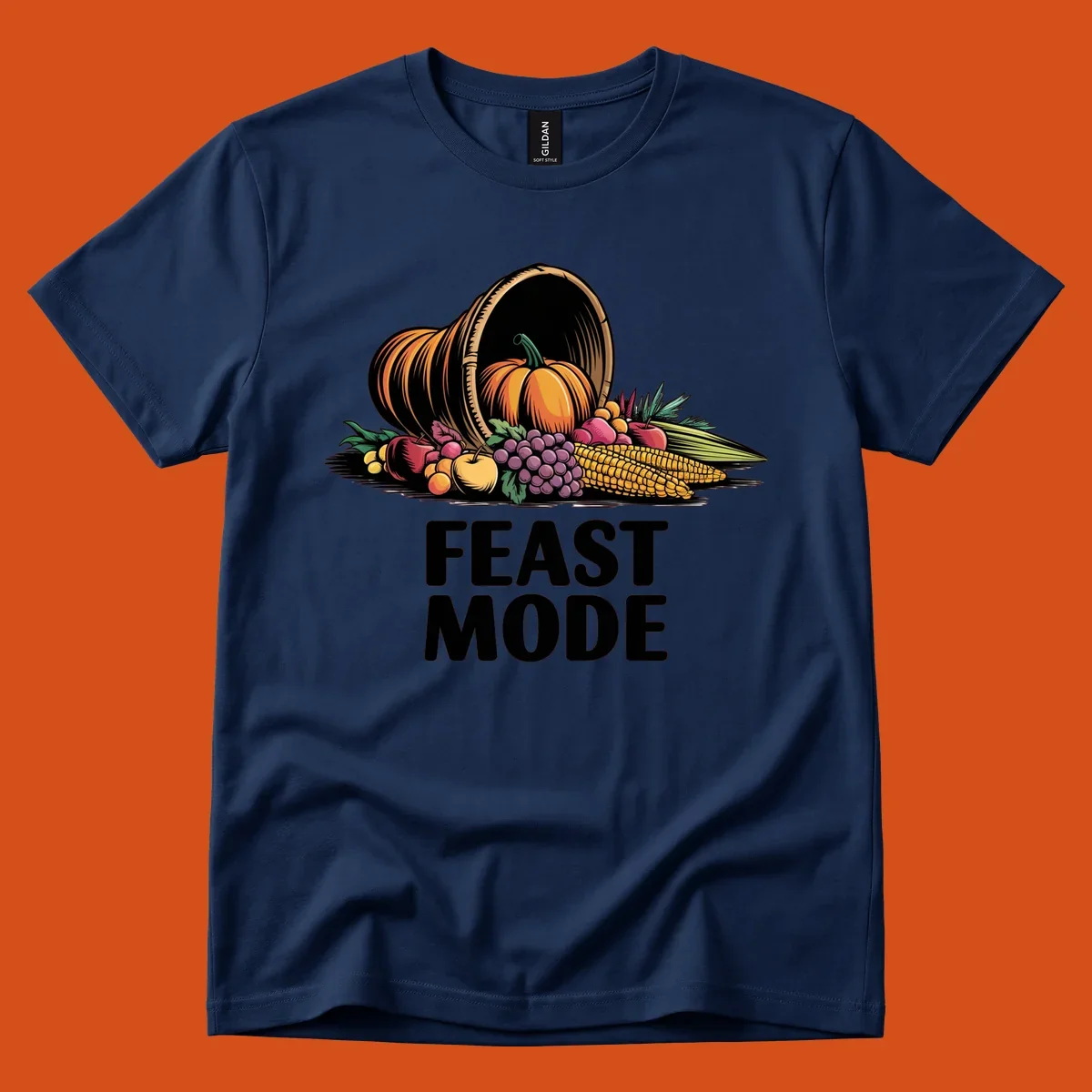 Thanksgiving feast mode cornucopia with fruits and vegetables, text.