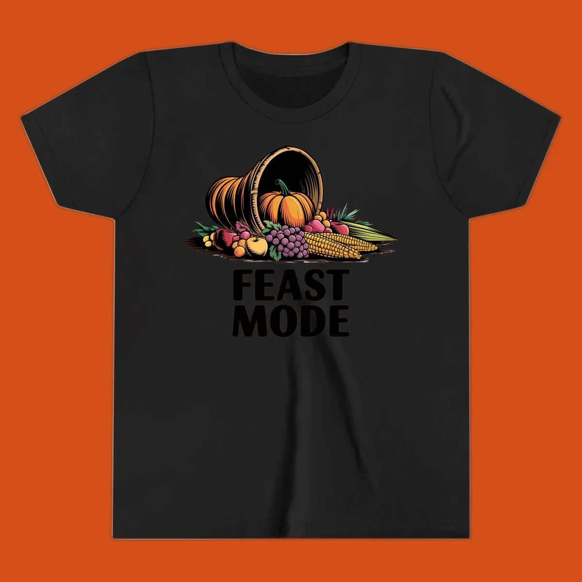Thanksgiving feast mode cornucopia with fruits and vegetables, text.