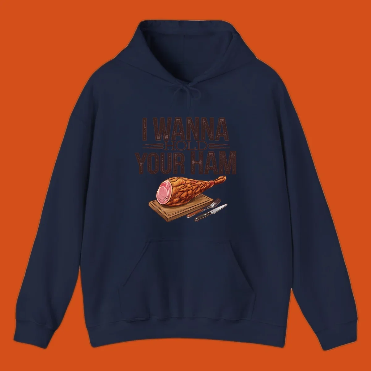 Illustration of a ham on a cutting board with text I WANNA HOLD YOUR HAM, funny food pun.