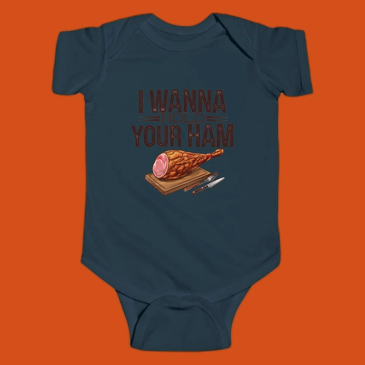 Illustration of a ham on a cutting board with text I WANNA HOLD YOUR HAM, funny food pun.
