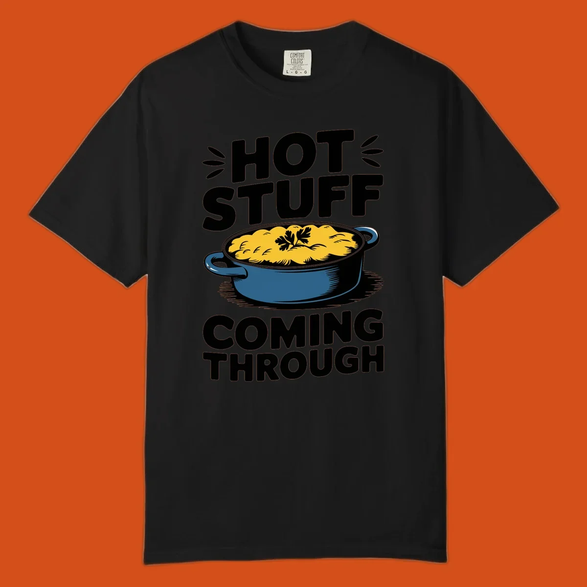 Hot Stuff Coming Through casserole graphic with text and illustration of a cheesy casserole dish.