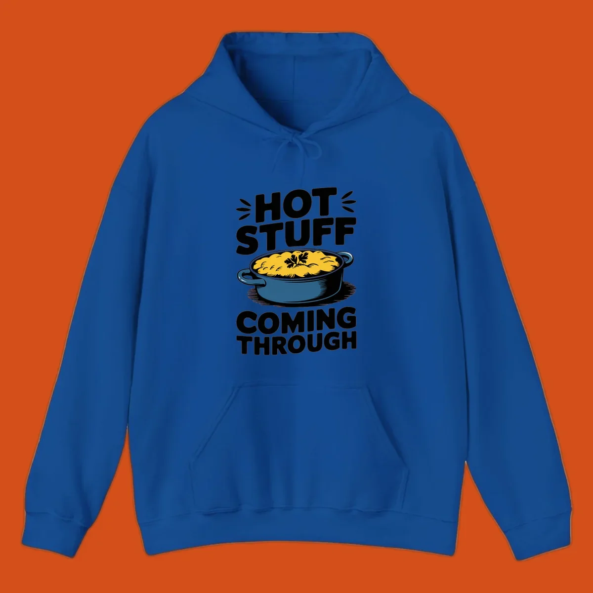 Hot Stuff Coming Through casserole graphic with text and illustration of a cheesy casserole dish.