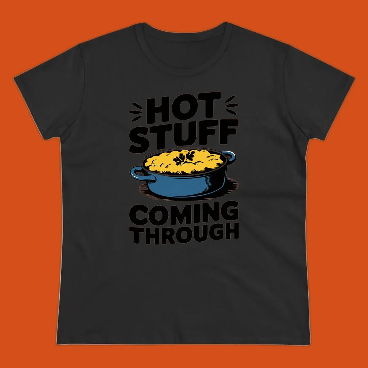 Hot Stuff Coming Through casserole graphic with text and illustration of a cheesy casserole dish.