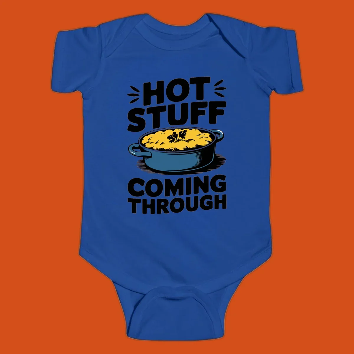 Hot Stuff Coming Through casserole graphic with text and illustration of a cheesy casserole dish.