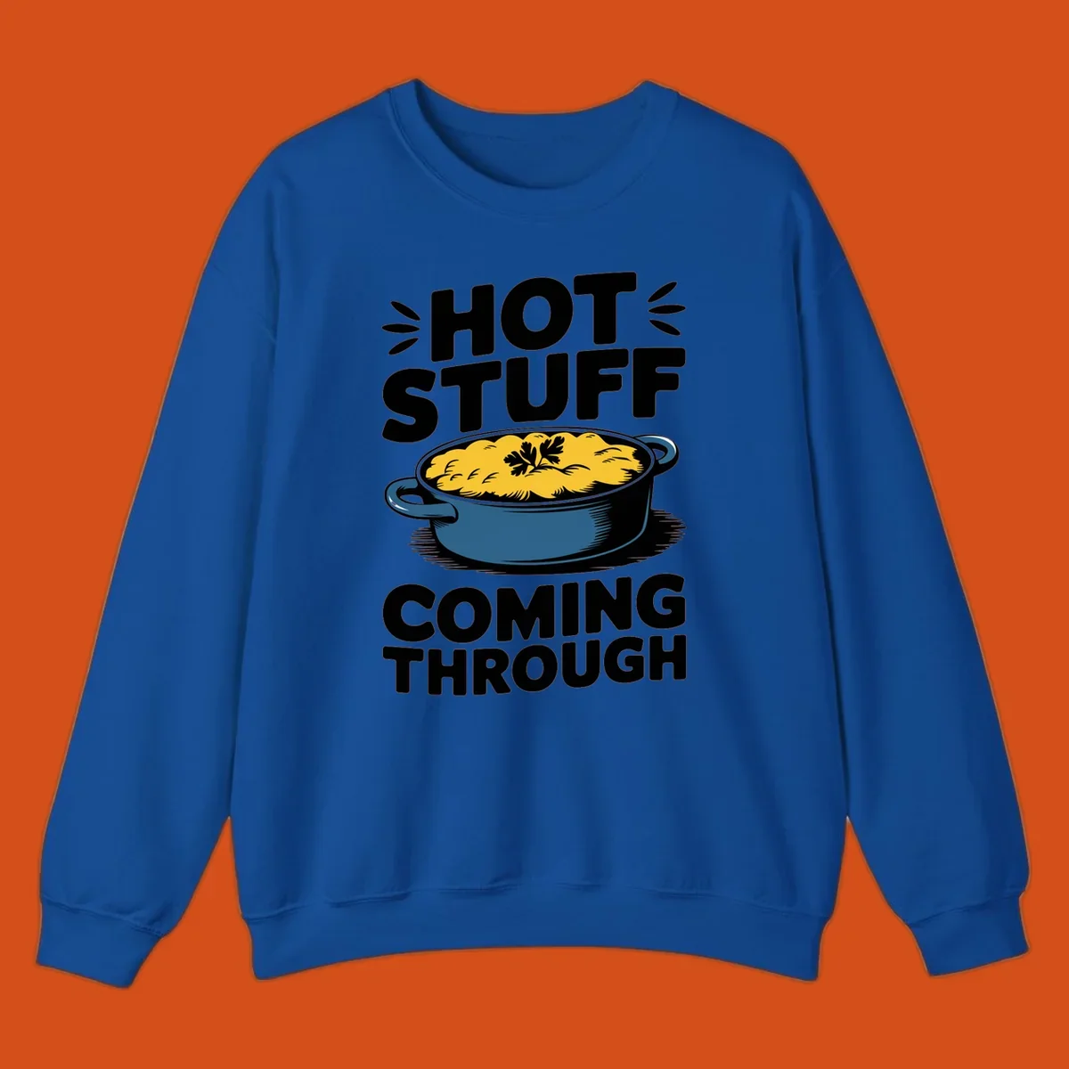 Hot Stuff Coming Through casserole graphic with text and illustration of a cheesy casserole dish.