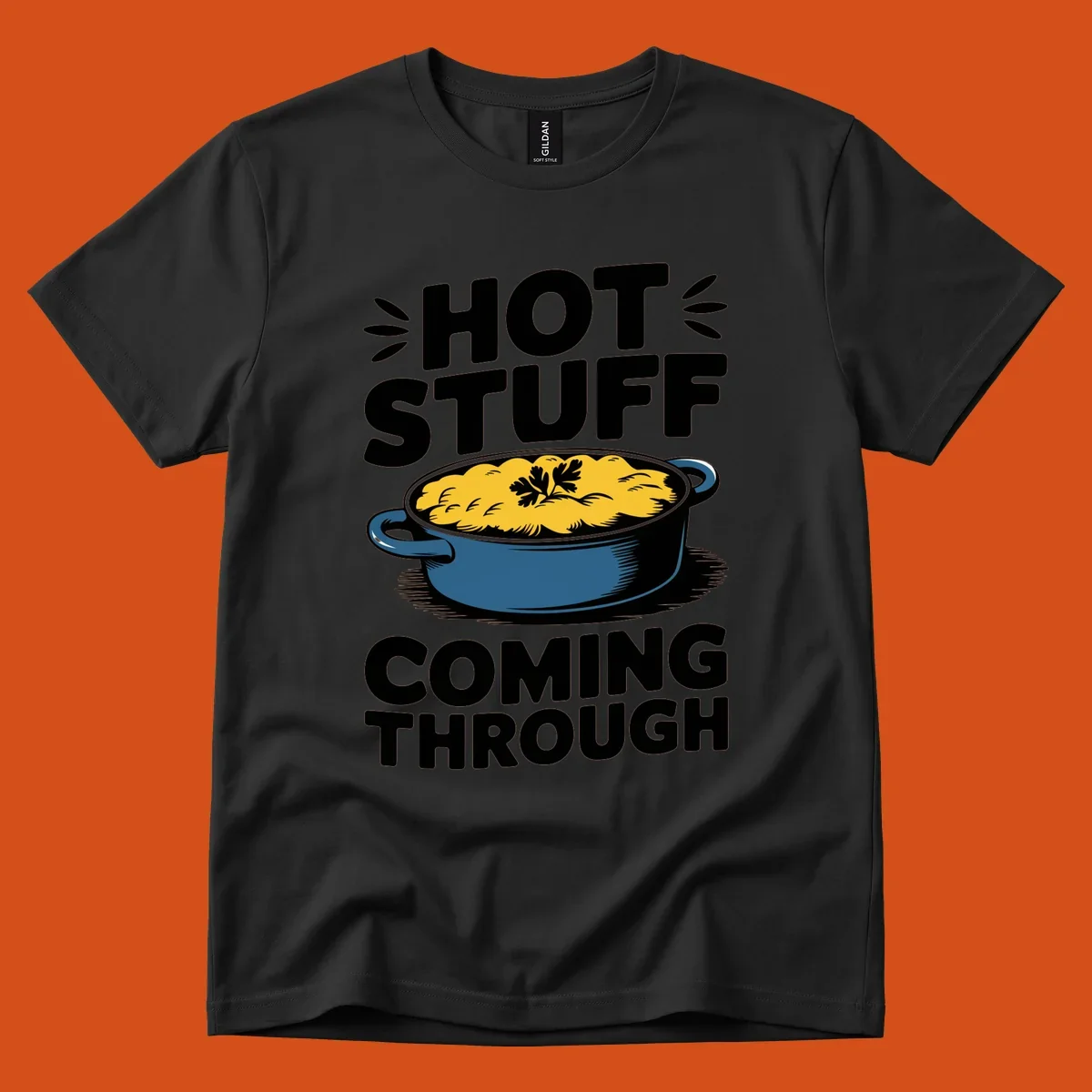 Hot Stuff Coming Through casserole graphic with text and illustration of a cheesy casserole dish.