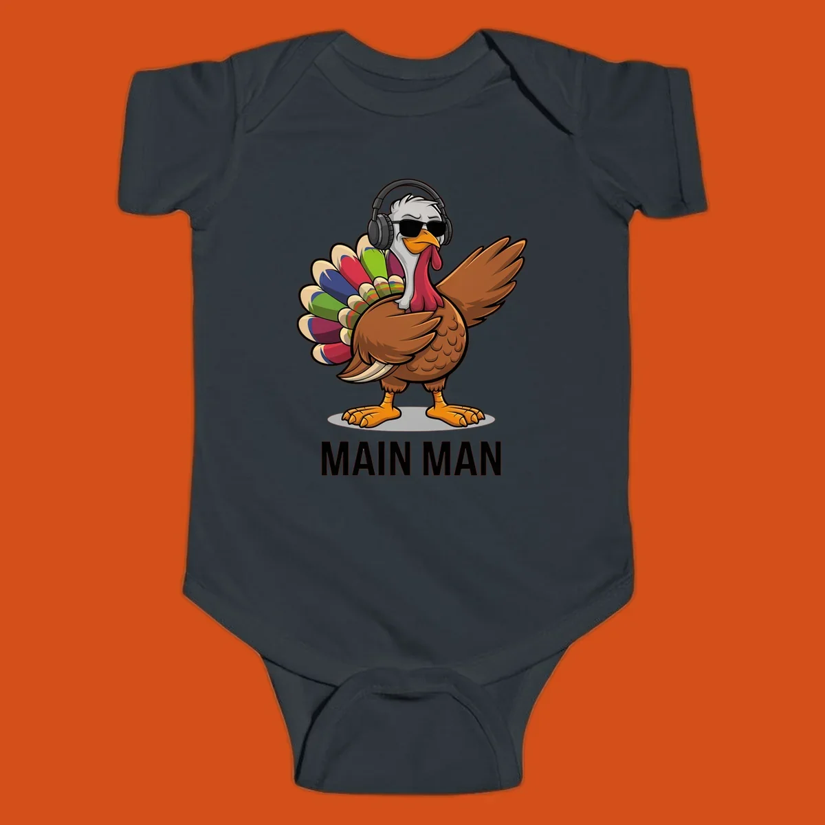 Thanksgiving turkey doing a dab, wearing headphones and sunglasses, with text 'MAIN MAN'.