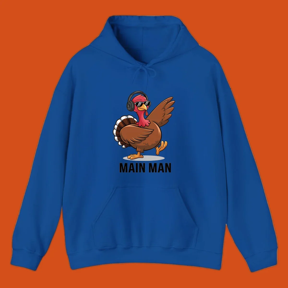 Cool dancing turkey wearing headphones and sunglasses with text 'MAIN MAN'.