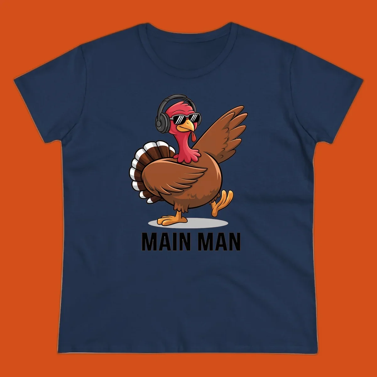 Cool dancing turkey wearing headphones and sunglasses with text 'MAIN MAN'.