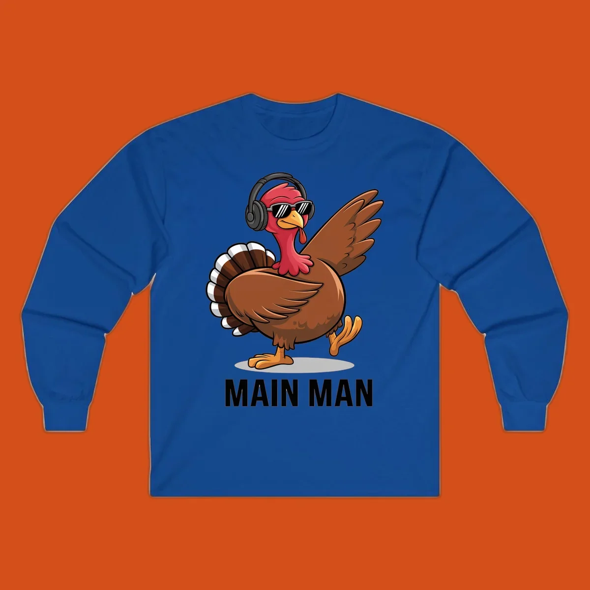 Cool dancing turkey wearing headphones and sunglasses with text 'MAIN MAN'.