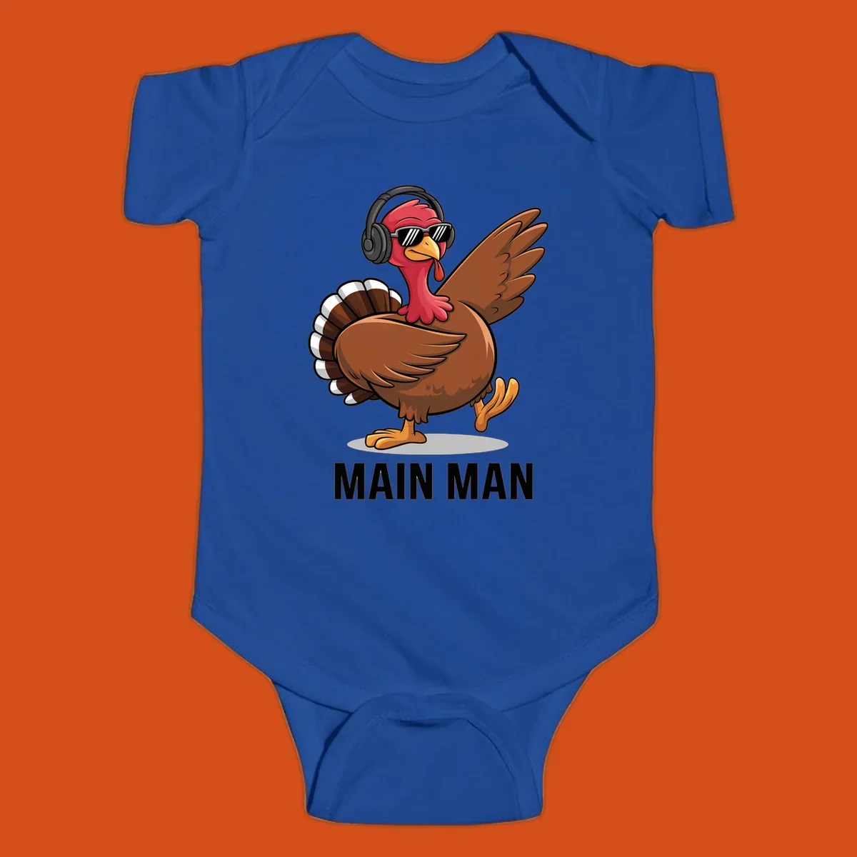 Cool dancing turkey wearing headphones and sunglasses with text 'MAIN MAN'.