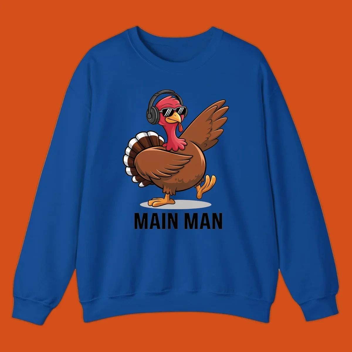Cool dancing turkey wearing headphones and sunglasses with text 'MAIN MAN'.