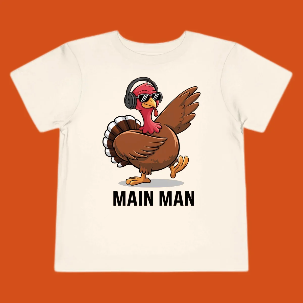 Cool dancing turkey wearing headphones and sunglasses with text 'MAIN MAN'.