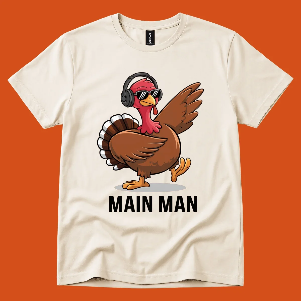 Cool dancing turkey wearing headphones and sunglasses with text 'MAIN MAN'.