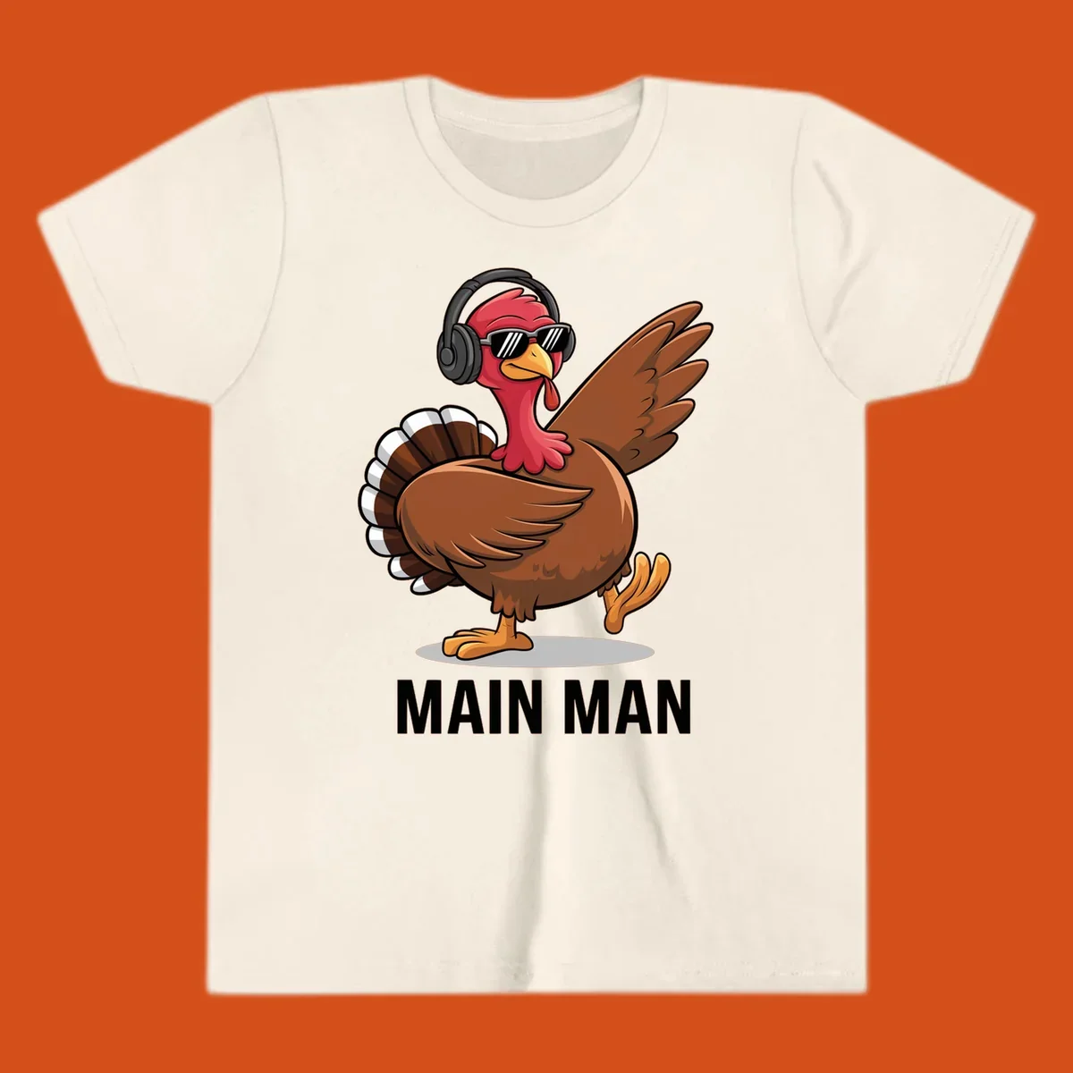 Cool dancing turkey wearing headphones and sunglasses with text 'MAIN MAN'.
