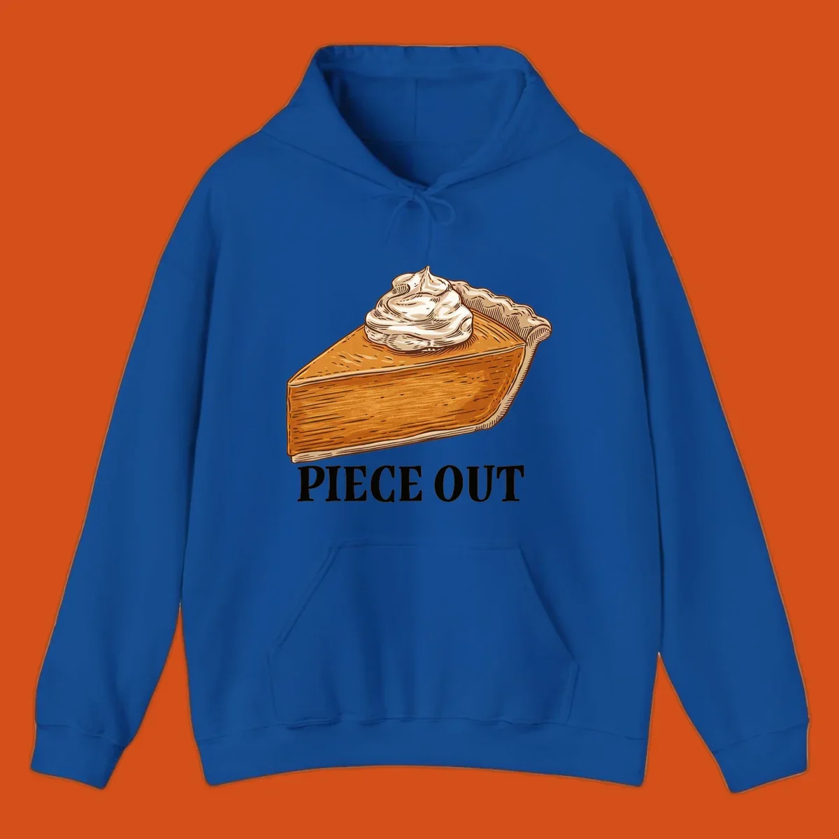 Illustration of a slice of pumpkin pie with whipped cream and the text "PIECE OUT".