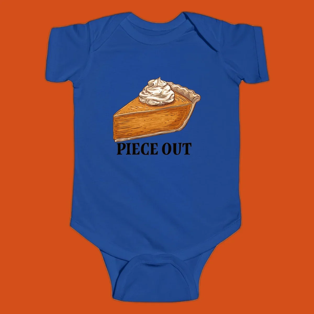 Illustration of a slice of pumpkin pie with whipped cream and the text "PIECE OUT".