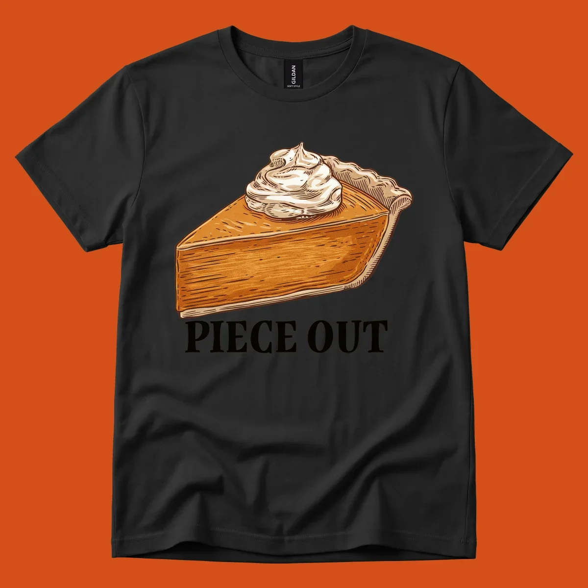 Illustration of a slice of pumpkin pie with whipped cream and the text "PIECE OUT".
