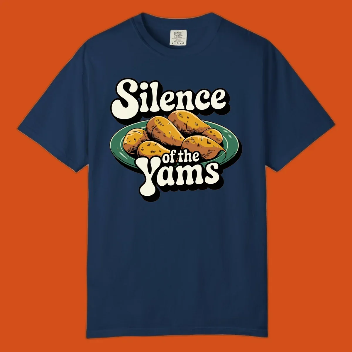Silence of the Yams pun graphic with sweet potatoes on a plate.
