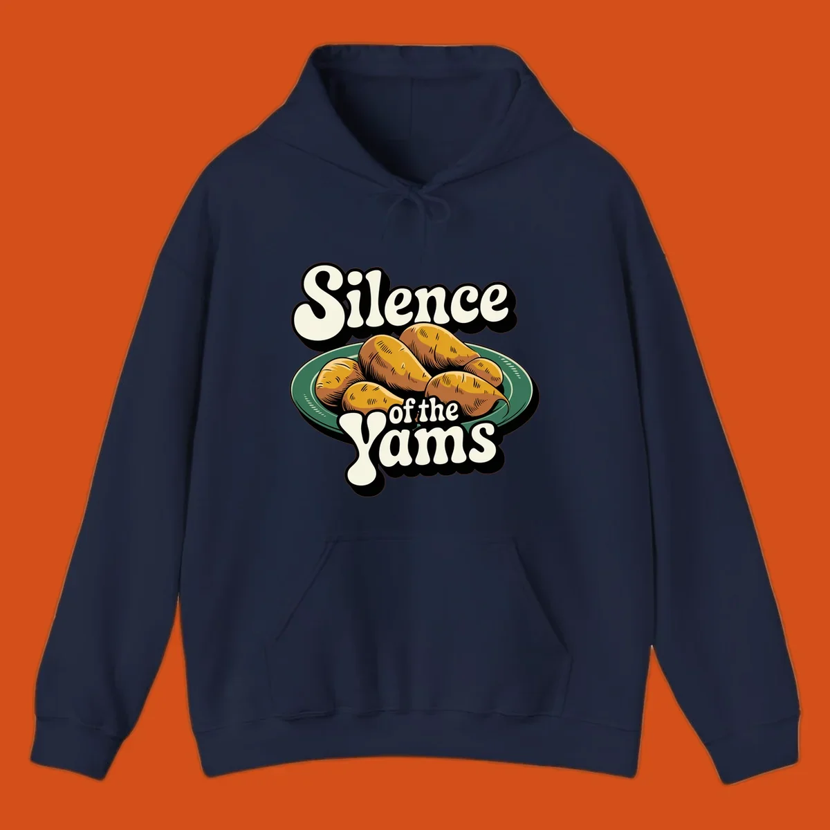 Silence of the Yams pun graphic with sweet potatoes on a plate.