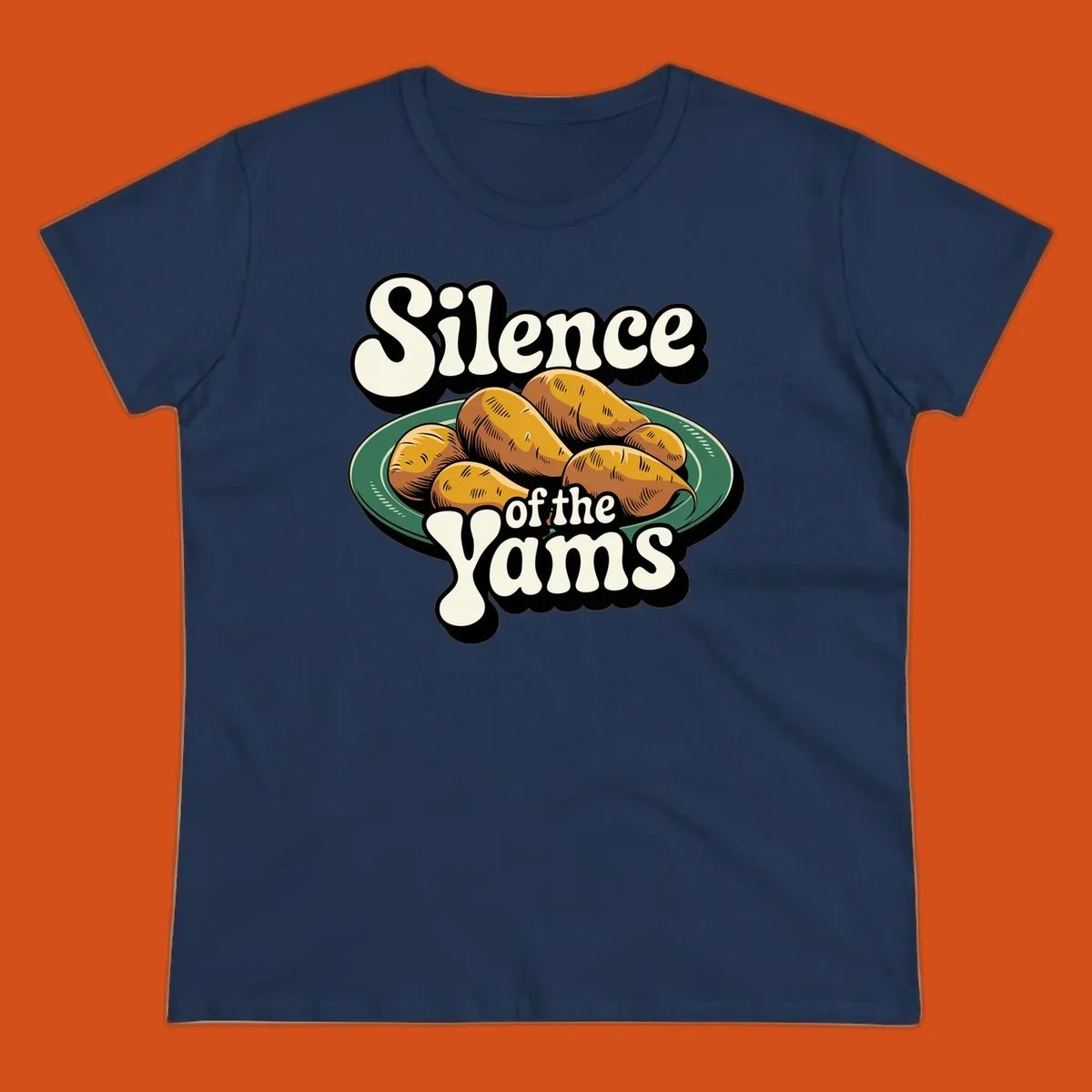 Silence of the Yams pun graphic with sweet potatoes on a plate.