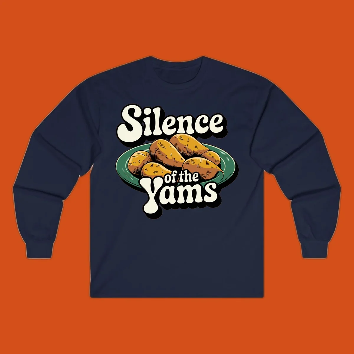 Silence of the Yams pun graphic with sweet potatoes on a plate.