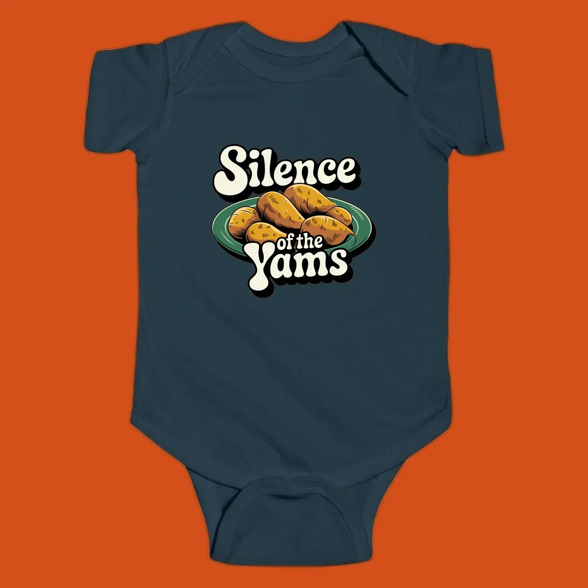 Silence of the Yams pun graphic with sweet potatoes on a plate.