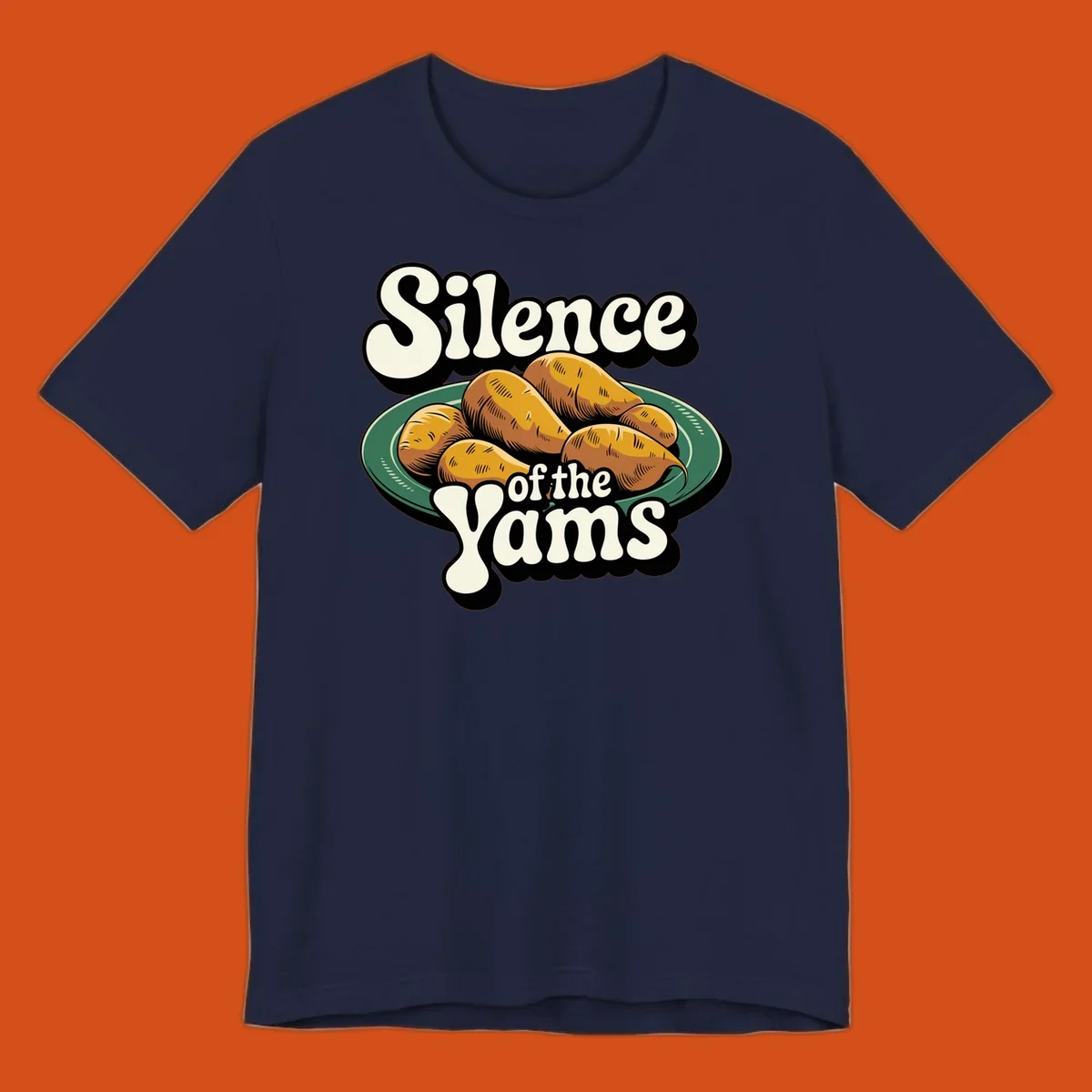 Silence of the Yams pun graphic with sweet potatoes on a plate.