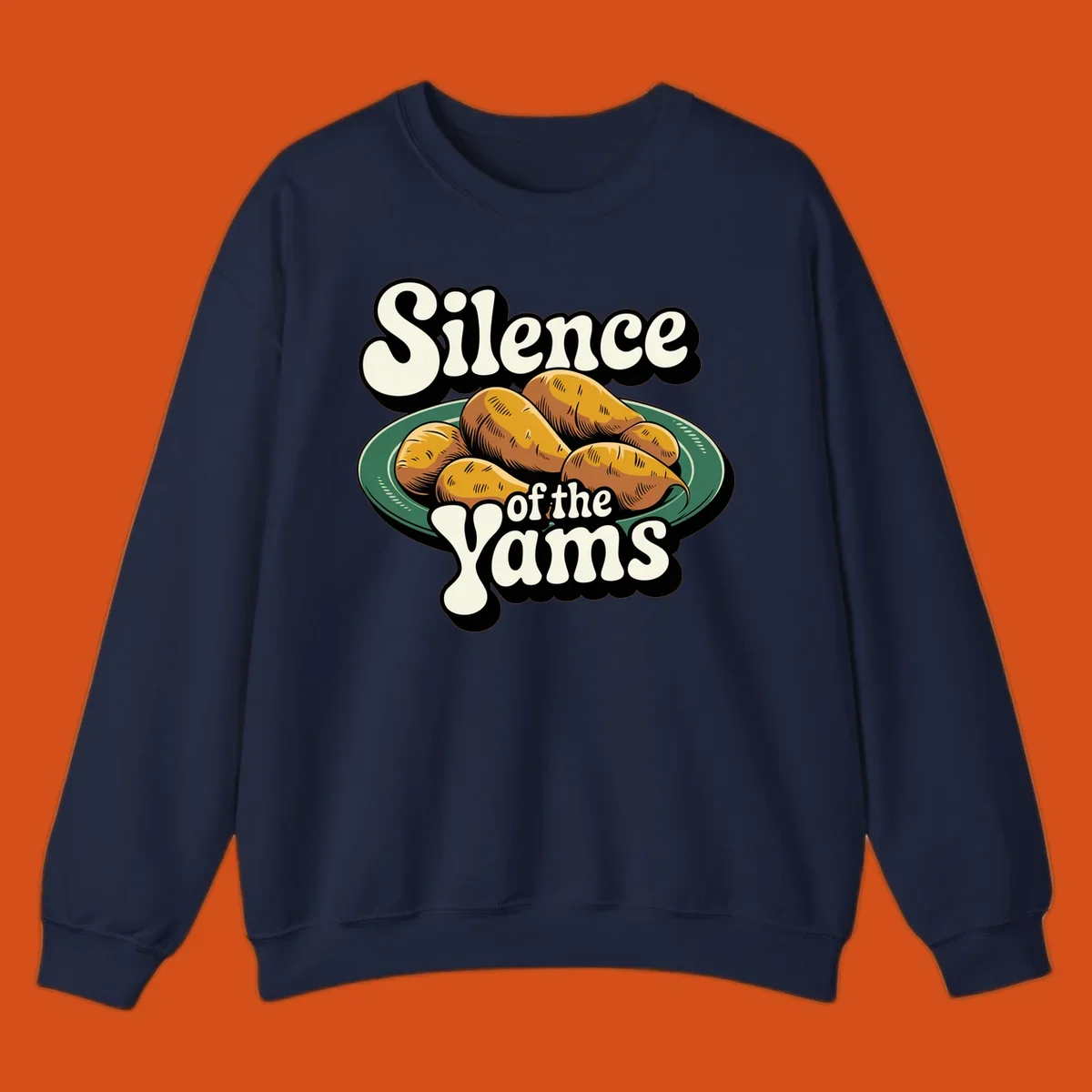 Silence of the Yams pun graphic with sweet potatoes on a plate.