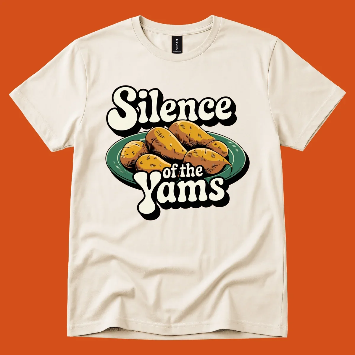 Silence of the Yams pun graphic with sweet potatoes on a plate.