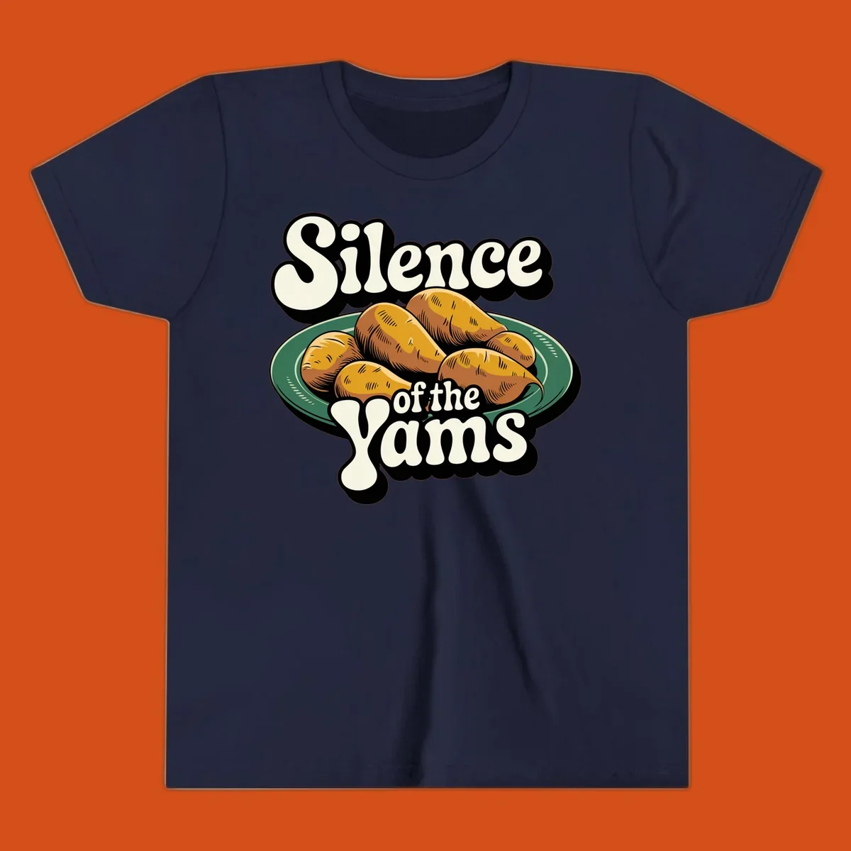 Silence of the Yams pun graphic with sweet potatoes on a plate.