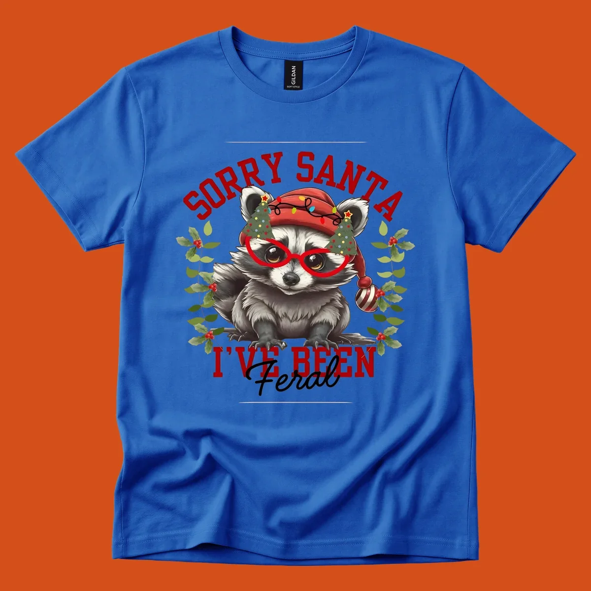 Sorry Santa I've Been Feral Raccoon Christmas design with a raccoon wearing a Santa hat and funny glasses.