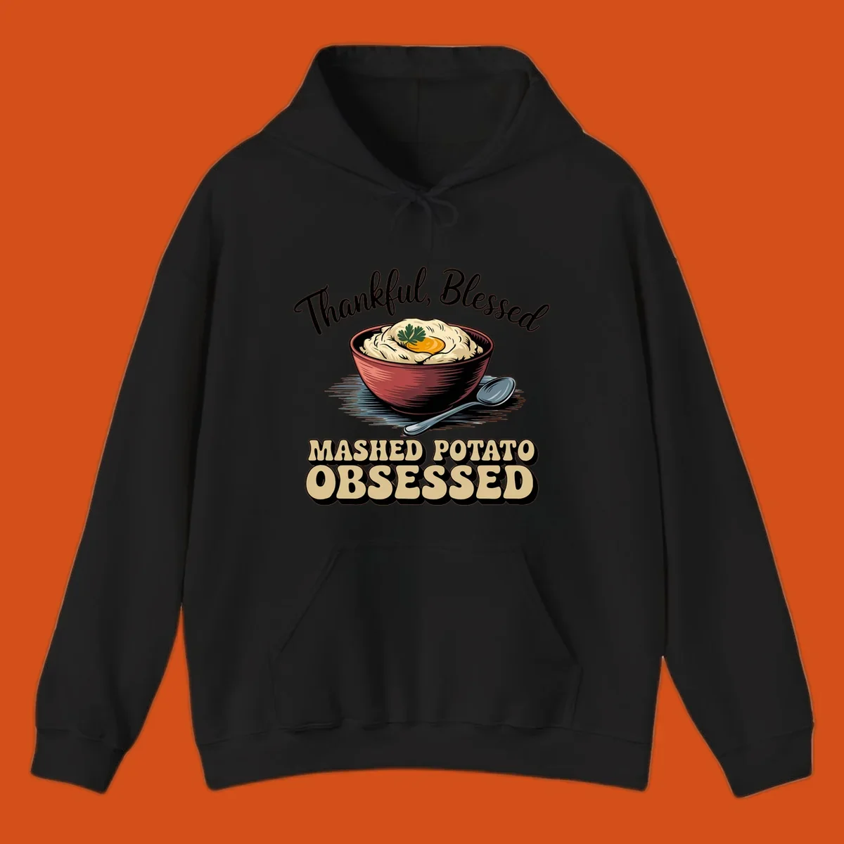 Mashed potato obsessed thankful blessed text with illustration of mashed potatoes and spoon.