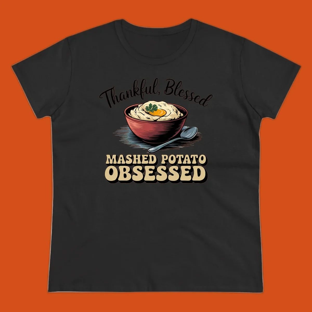 Mashed potato obsessed thankful blessed text with illustration of mashed potatoes and spoon.