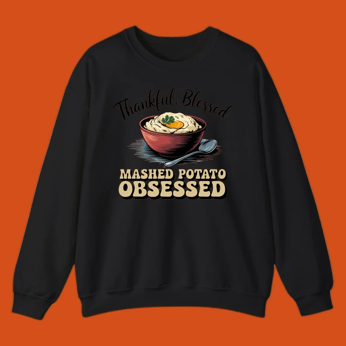Mashed potato obsessed thankful blessed text with illustration of mashed potatoes and spoon.