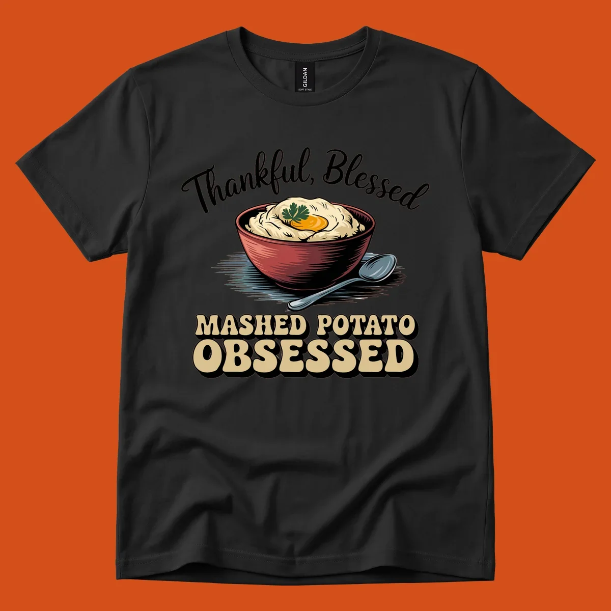 Mashed potato obsessed thankful blessed text with illustration of mashed potatoes and spoon.