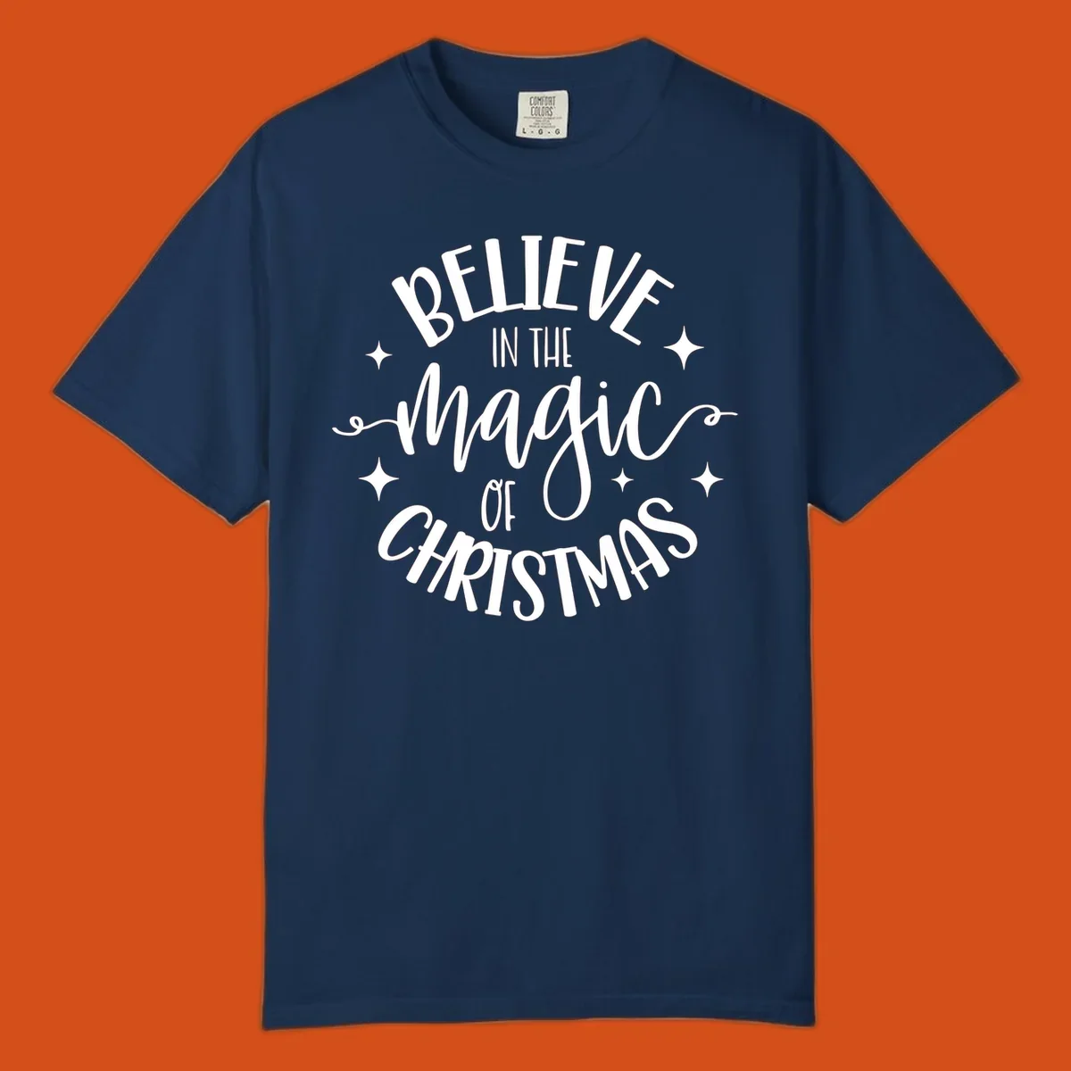 Believe in the magic of Christmas text with stars, holiday graphic.
