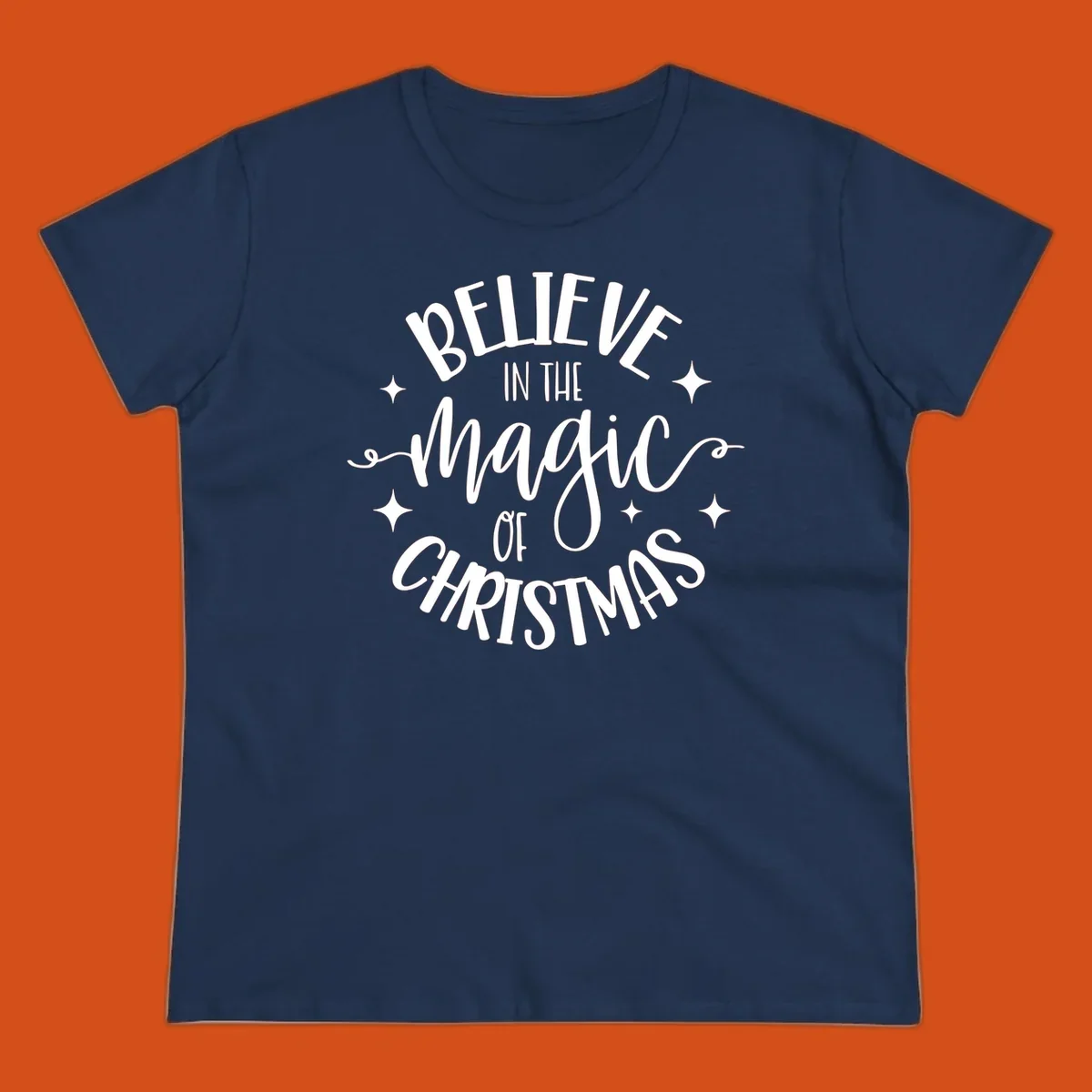Believe in the magic of Christmas text with stars, holiday graphic.