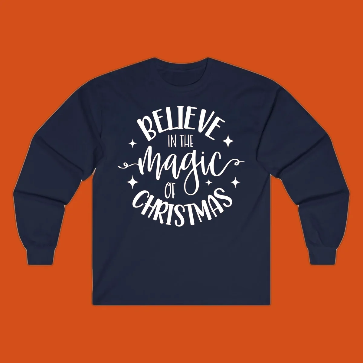 Believe in the magic of Christmas text with stars, holiday graphic.