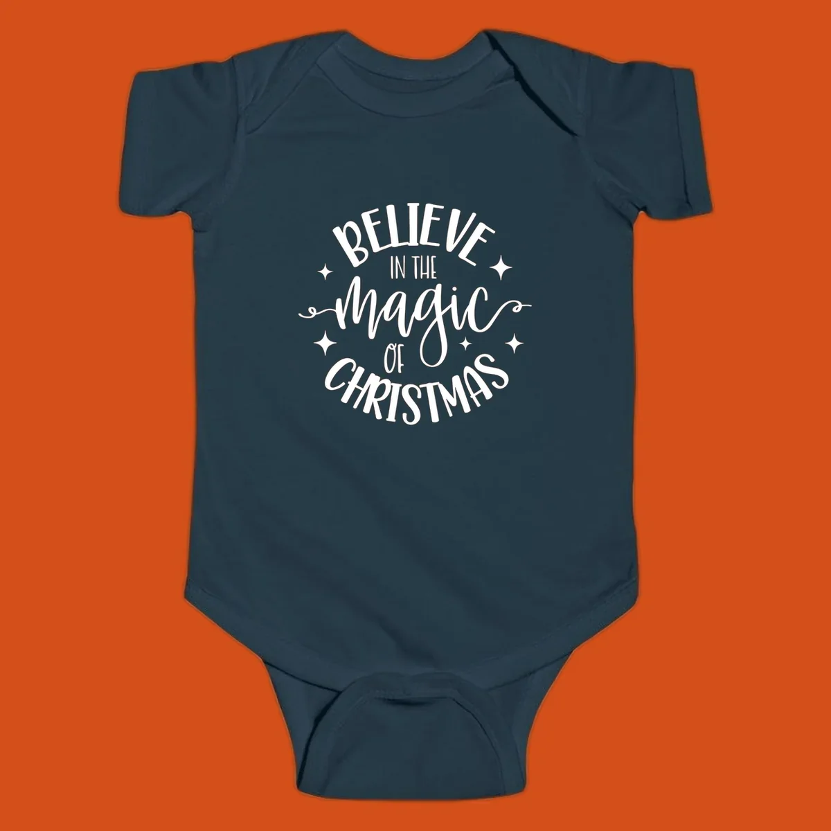 Believe in the magic of Christmas text with stars, holiday graphic.