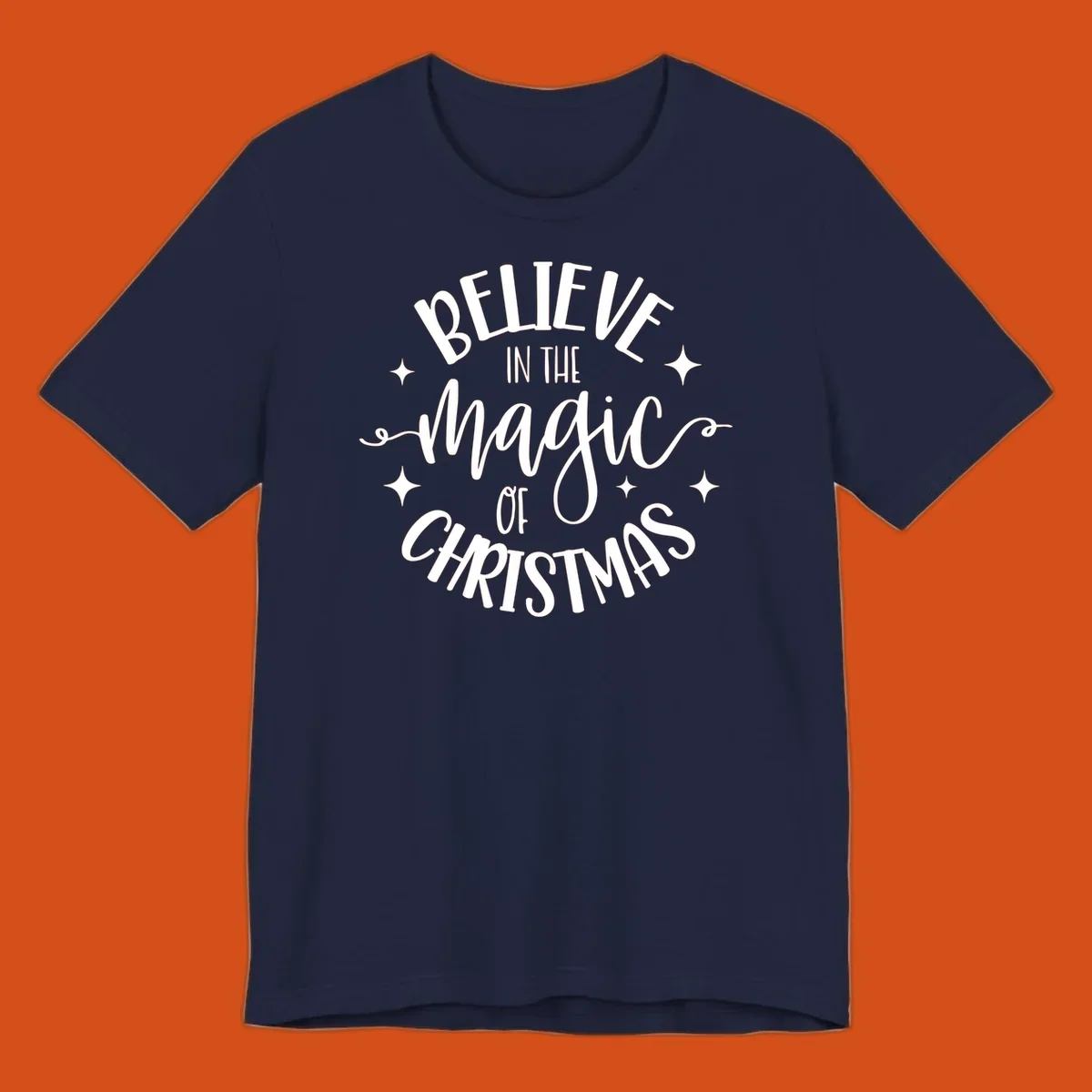 Believe in the magic of Christmas text with stars, holiday graphic.