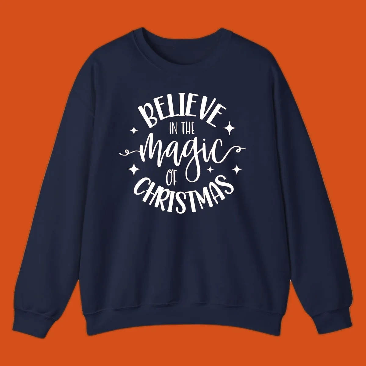 Believe in the magic of Christmas text with stars, holiday graphic.