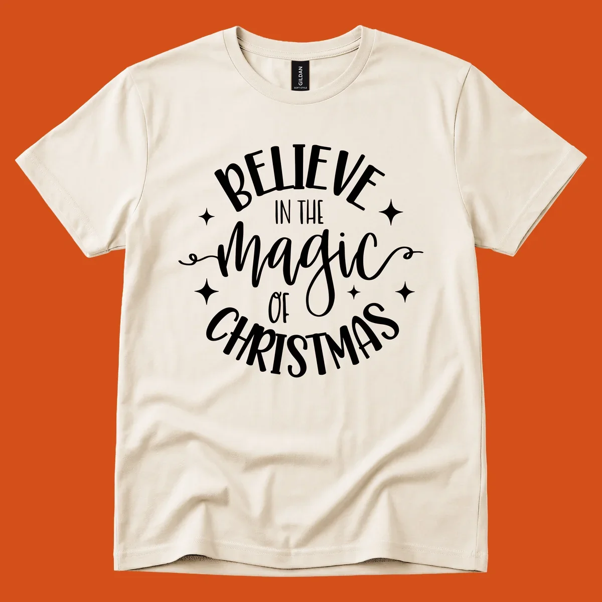 Believe in the magic of Christmas text with stars, holiday graphic.