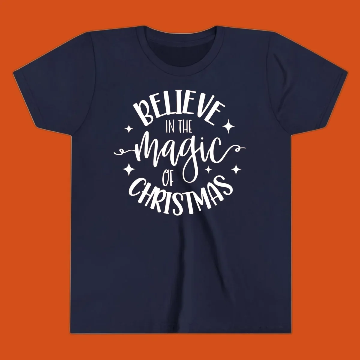 Believe in the magic of Christmas text with stars, holiday graphic.