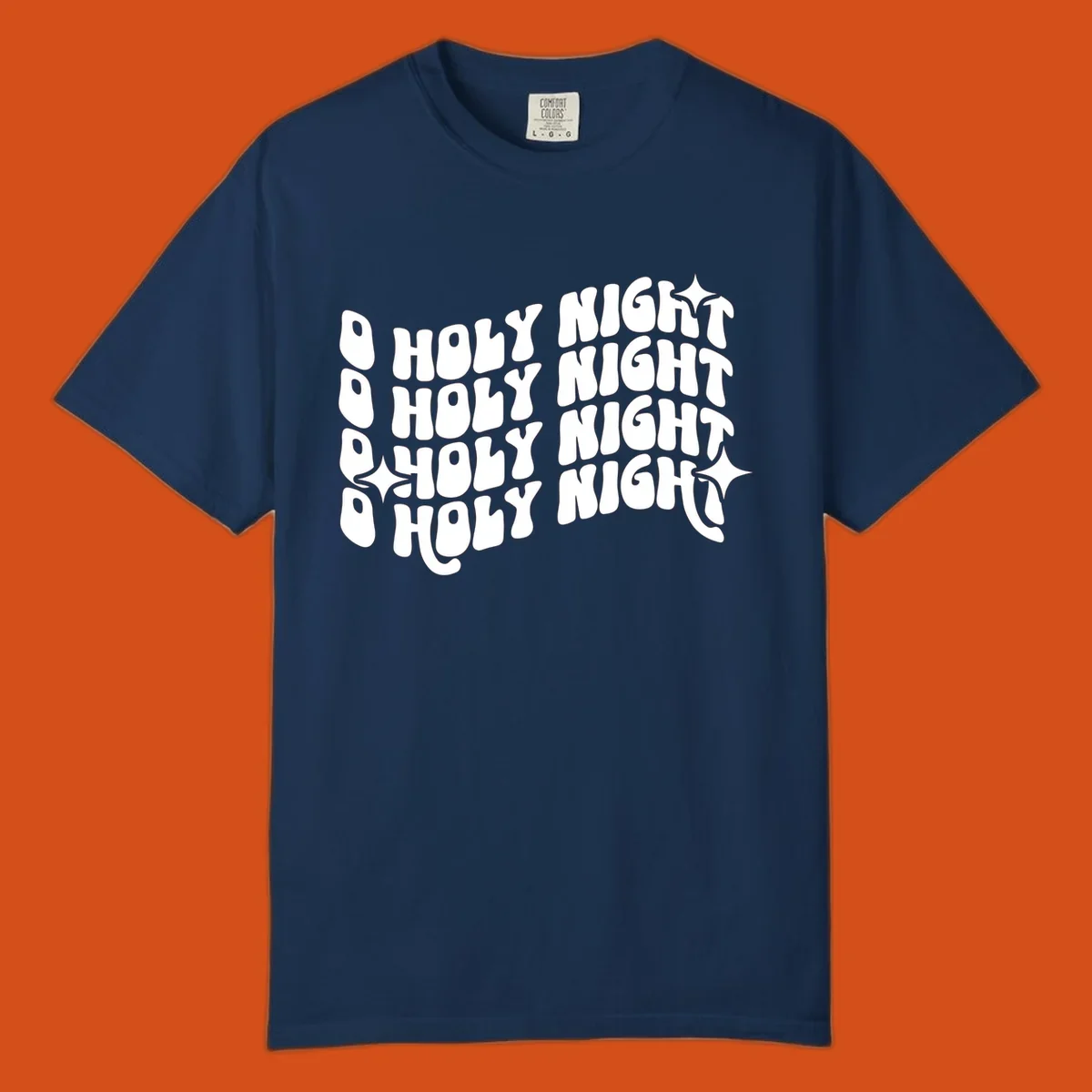 O Holy Night retro wavy text and starbursts graphic.